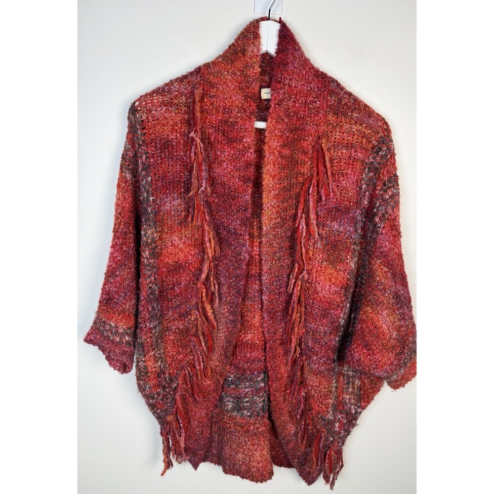 Sleeping on Snow Anthropologie Small Open Cardigan Cocoon Red Knit Fringe Tassel
